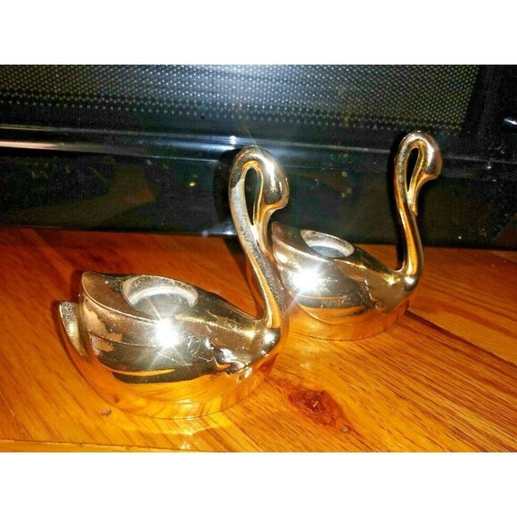 Set Of 2 Swan Candle Holders JAPAN gold tone metal 4"x3.5" EUC - Picture 3 of 12